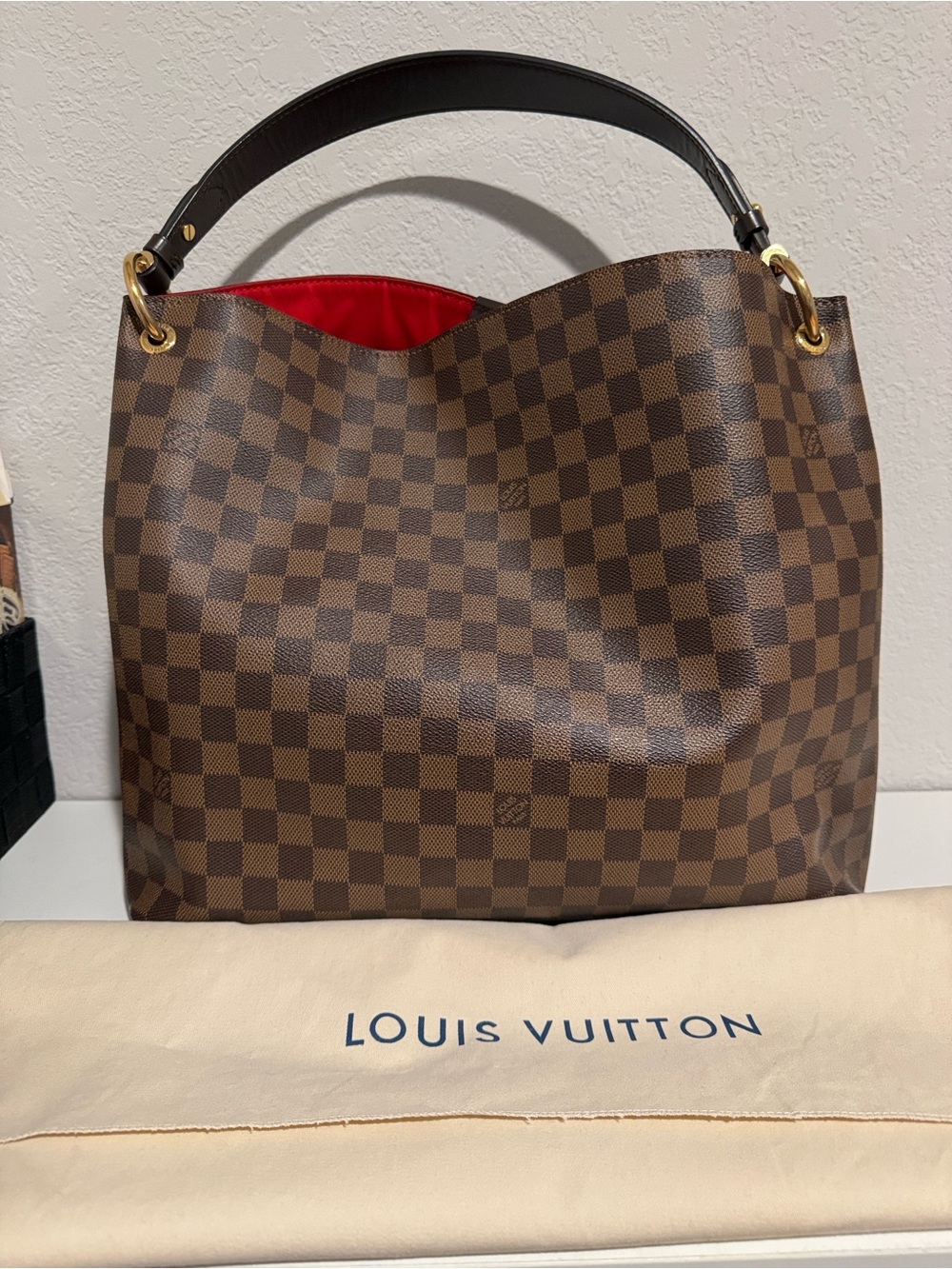 Louis Vuitton Brown Damier Canvas Shoulder Hobo with Red Interior